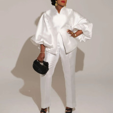 Solid Color Bubble Sleeve Two Piece Pants Set GCZF-8523
