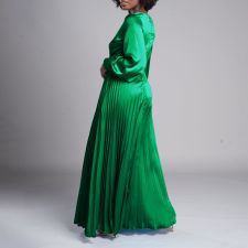 V Neck Long Sleeve Press Pleated Maxi Dress GCZF-8567