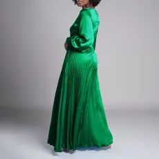V Neck Long Sleeve Press Pleated Maxi Dress GCZF-8567