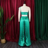 Slant Shoulder Backless Ruffle Top Wide Leg Pants Set GCZF-8518
