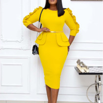 Solid Color Patchwork 3/4 Sleeve Midi Dress GCZF-8484