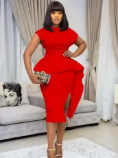 Solid Color Ruffled Short Sleeve Split Midi Dress GCZF-8547