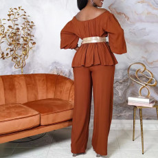 Off Shoulder Belt Long Sleeve Wide Leg Pants Fashion Suit GCZF-8535P