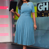 High Waist Belt Fashion Pleated Midi Dress GCZF-D028