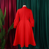 Bubble Sleeve Lace-Up Bow Big Hem Dress GCZF-C1-D427