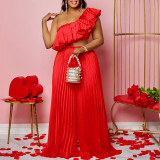 Slant Shoulder Backless Ruffle Top Wide Leg Pants Set GCZF-8518