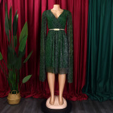 V Neck Long Sleeve Mantle Midi Dress(With Belt) GCZF-8543