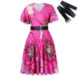Short Sleeve Print Belt Midi Dress GCZF-8573