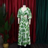 Print V Neck Tie Up Top Two Piece Pant Set GCZF-8469