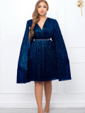 V Neck Long Sleeve Mantle Midi Dress(With Belt) GCZF-8543