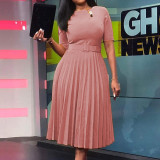 High Waist Belt Fashion Pleated Midi Dress GCZF-D028