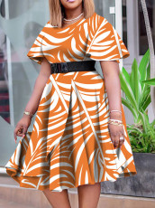Short Sleeve Print Belt Midi Dress GCZF-8573