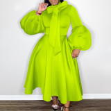 Bubble Sleeve Lace-Up Bow Big Hem Dress GCZF-C1-D427
