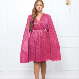 V Neck Long Sleeve Mantle Midi Dress(With Belt) GCZF-8543