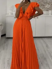 Deep V-neck Ruffled Wide Leg Jumpsuit GCZF-8574
