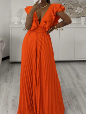 Deep V-neck Ruffled Wide Leg Jumpsuit GCZF-8574