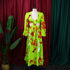 Long Sleeve Print Tops And Half Skirt Loose 2 Piece Set GCZF-8467