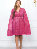 V Neck Long Sleeve Mantle Midi Dress(With Belt) GCZF-8543
