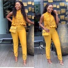 Sleeveless Hollow Out Tops And Pants Set GCZF-T008