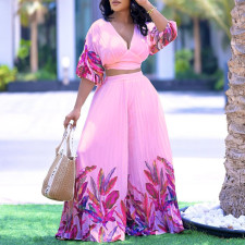 Fashion Print V Neck Top And Pants 2 Piece Set GCZF-8522