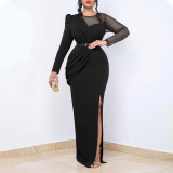 Pleated Mesh Patchwork Long Sleeve Maxi Dress GCZF-D190-C1