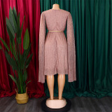 V Neck Long Sleeve Mantle Midi Dress(With Belt) GCZF-8543