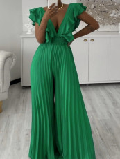 Deep V-neck Ruffled Wide Leg Jumpsuit GCZF-8574