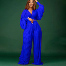 Long Sleeve V Neck Wide Leg Pants 2 Piece Set GCZF-8434
