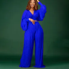 Long Sleeve V Neck Wide Leg Pants 2 Piece Set GCZF-8434