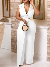 Suit Collar Waisted Chain Loose Jumpsuit GCZF-8576