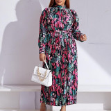 Long Sleeve Printed Pressed Pleat Tie Up Maxi Dress GCZF-8501
