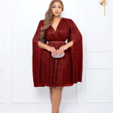 V Neck Long Sleeve Mantle Midi Dress(With Belt) GCZF-8543