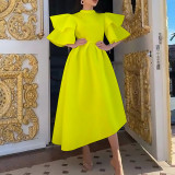 Double Ruffle Sleeve Solid Color Midi Dress GCZF-8474