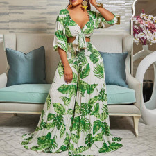 Print V Neck Tie Up Top Two Piece Pant Set GCZF-8469