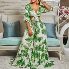 Print V Neck Tie Up Top Two Piece Pant Set GCZF-8469