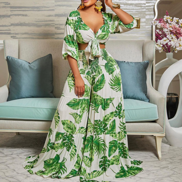 Print V Neck Tie Up Top Two Piece Pant Set GCZF-8469