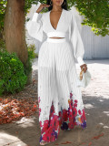 Chiffon V-neck Top Printed Wide Leg Pants Set GCZF-D440-C1