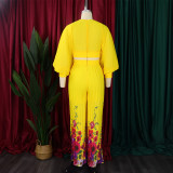 Chiffon V-neck Top Printed Wide Leg Pants Set GCZF-D440-C1