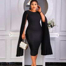 Flying Sleeve Patchwork Pleated Midi Dress GCZF-D468-C1