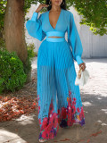 Chiffon V-neck Top Printed Wide Leg Pants Set GCZF-D440-C1