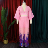 Chiffon V-neck Top Printed Wide Leg Pants Set GCZF-D440-C1