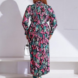 Long Sleeve Printed Pressed Pleat Tie Up Maxi Dress GCZF-8501