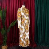 Printed Long Sleeve Belt Pressed Pleat Maxi Dress GCZF-8555