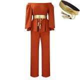 Off Shoulder Belt Long Sleeve Wide Leg Pants Fashion Suit GCZF-8535P