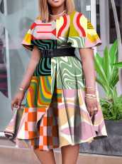 Short Sleeve Print Belt Midi Dress GCZF-8573