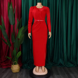 Pleated Mesh Patchwork Long Sleeve Maxi Dress GCZF-D190-C1