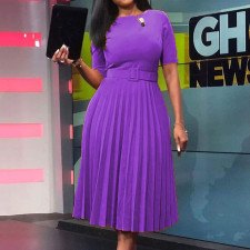 High Waist Belt Fashion Pleated Midi Dress GCZF-D028