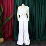 Slant Shoulder Backless Ruffle Top Wide Leg Pants Set GCZF-8518