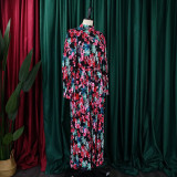 Long Sleeve Printed Pressed Pleat Tie Up Maxi Dress GCZF-8501