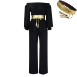 Off Shoulder Belt Long Sleeve Wide Leg Pants Fashion Suit GCZF-8535P